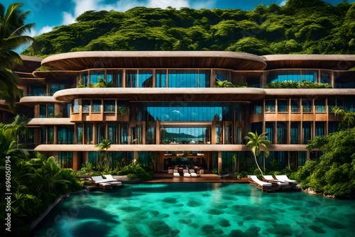 An upscale hotel with modern architecture, surrounded by lush tropical vegetation, blending seamlessly with the azure lagoon in the background. © Ropq