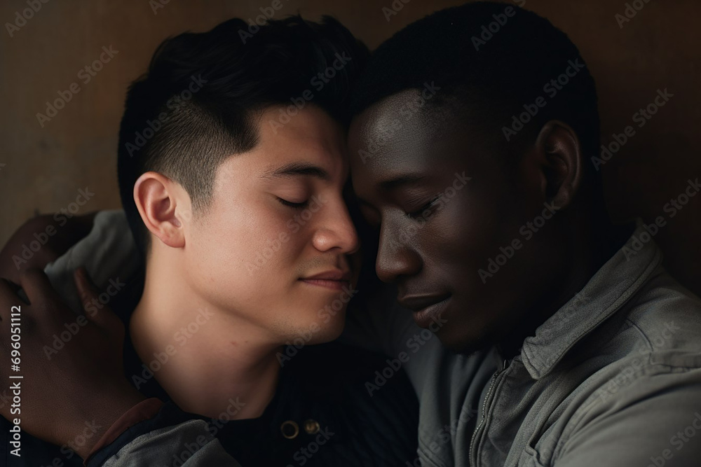 Happy smiling gay couple on the dark background Happy smiling gay couple on the dark background