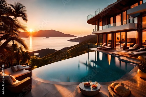 A luxury hotel exterior featuring an infinity-edge pool, overlooking a coastal landscape and basking in the warm hues of a picturesque sunset.