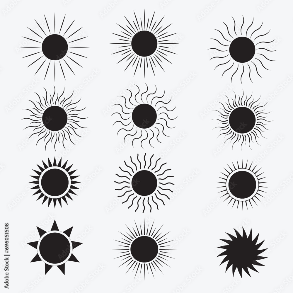 set of 12 Simple sun icon. Shine sun ray set. Sun icon set. Black sun ...