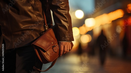 Hombre con chaqueta de cuero sosteniendo un bolso elegante en una calle iluminada por la noche photo