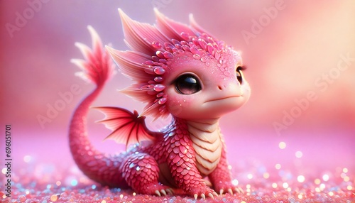 Cute pink little dragon. Cartoon character dragon. Fantasy Funny baby monster with big eyes. Fairy-tale hero. Children book. Illustration of tales. Toy design. Print. Shine. Copy space. Isolated. Ai