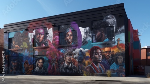 Graffiti tribute to influential Black writers on an industrial building facI section ade photo