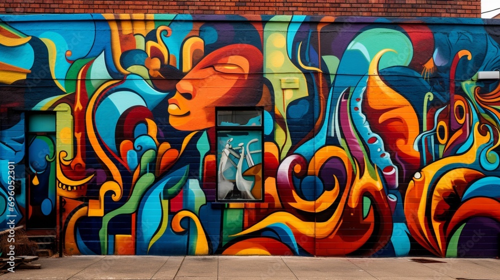 Jazz-inspired street art adorning a brick wall in a lively neighborhood
