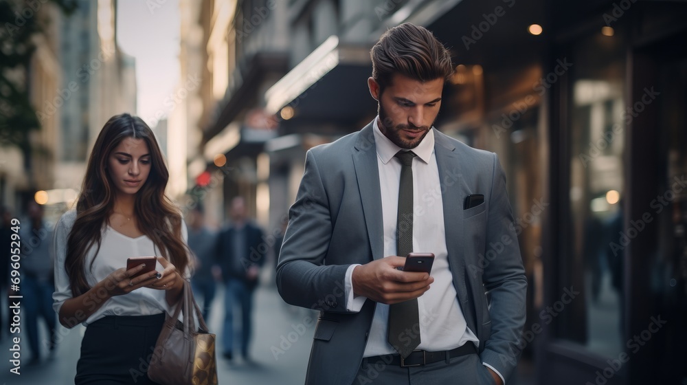 Young male and female business people in formal wear walking on street looking at their smartphones ignoring each other addicted to social networks.Antisocial millennials, technology and communication - obrazy, fototapety, plakaty 