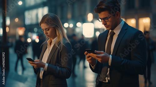 Young male and female business people in formal wear walking on street looking at their smartphones ignoring each other addicted to social networks.Antisocial millennials, technology and communication