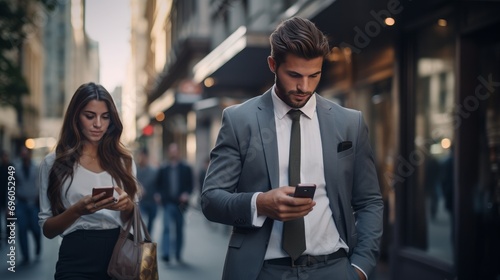 Young male and female business people in formal wear walking on street looking at their smartphones ignoring each other addicted to social networks.Antisocial millennials, technology and communication