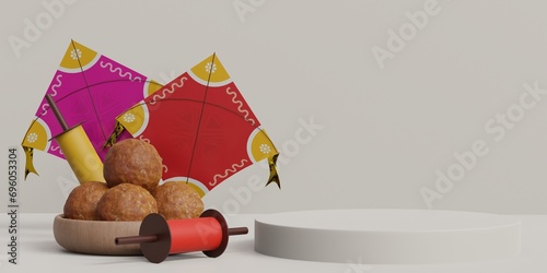 3d render of Happy makar sankranti Festival of South India, product display in white background3d render of Happy makar sankranti Festival of kites, product display in white background photo