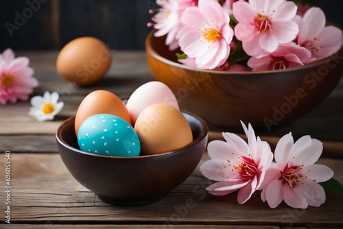 Easter eggs in a bowl with pink sakura flowers on a wooden table