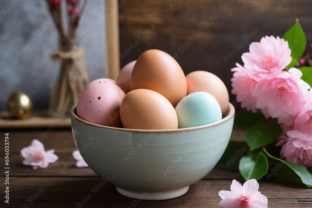 Easter eggs in a bowl with pink sakura flowers on a wooden table Easter eggs in a bowl with pink sakura flowers on a wooden table