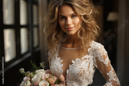 portrait of beautiful bride in white dress with flowers