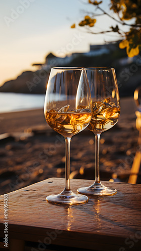 Wineglass of white wine on the beach at sunset