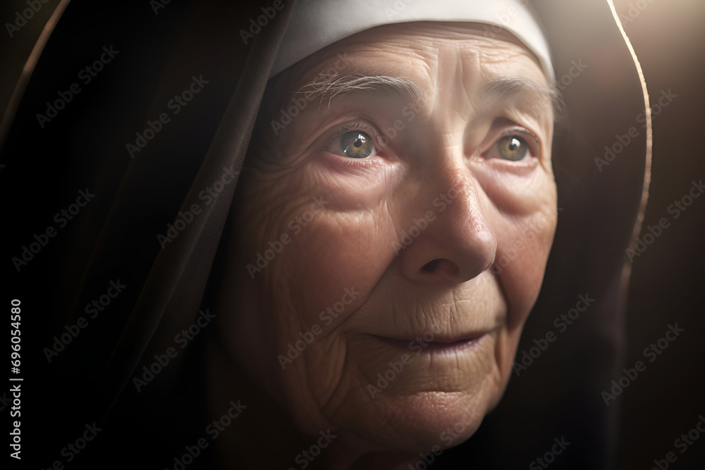 Close-Up of Christian Nun in Habit with Serene Expression - Generative AI