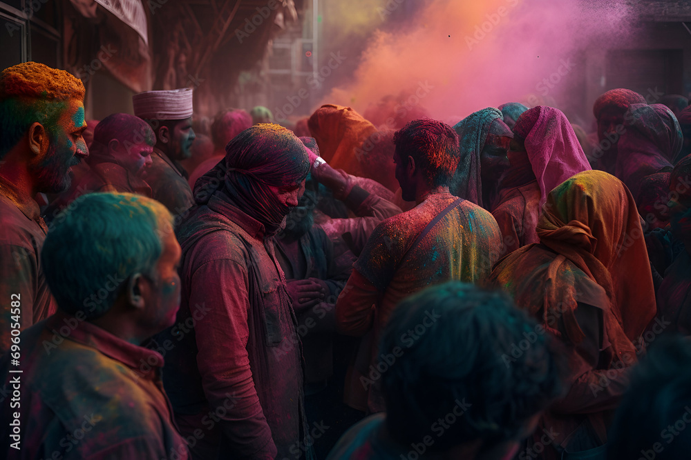 Crowd Celebrating Hindu Holi Festival with Colorful Powders - Generative AI