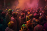 Vibrant Holi Celebration: People Covered in Colorful Dust - Generative AI