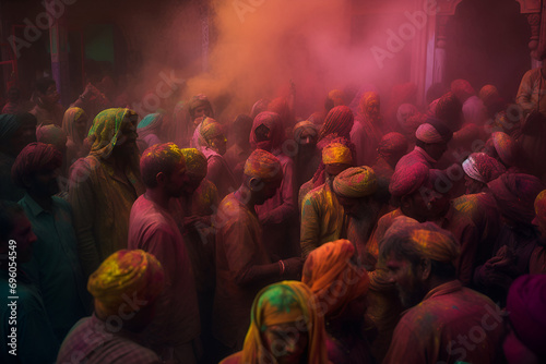 Vibrant Holi Celebration: People Covered in Colorful Dust - Generative AI © Andrew Hudson
