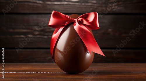 Delight in the allure of a chocolate Easter egg gift adorned with a vibrant red bow, set against a rich dark wooden background photo