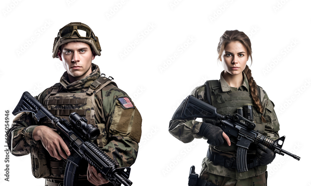 Set of portraits of special forces fighters, Man and Woman Soldier in military uniform with gun, Isolated on Transparent Background, PNG Set of portraits of special forces fighters, Man and Woman Soldier in military uniform with gun, Isolated on Transparent Background, PNG