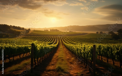 A Vineyard at Sunset with Rows of Grapevines.