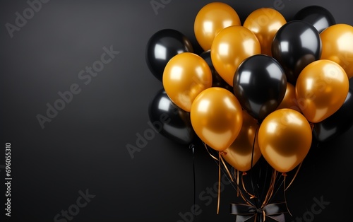Golden and black balloons with copy space and ribbon