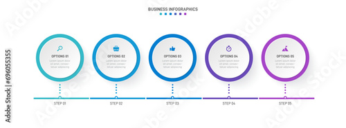 Timeline infographic with infochart. Modern presentation template with 5 spets for business process. Website template on white background for concept modern design. Horizontal layout. photo