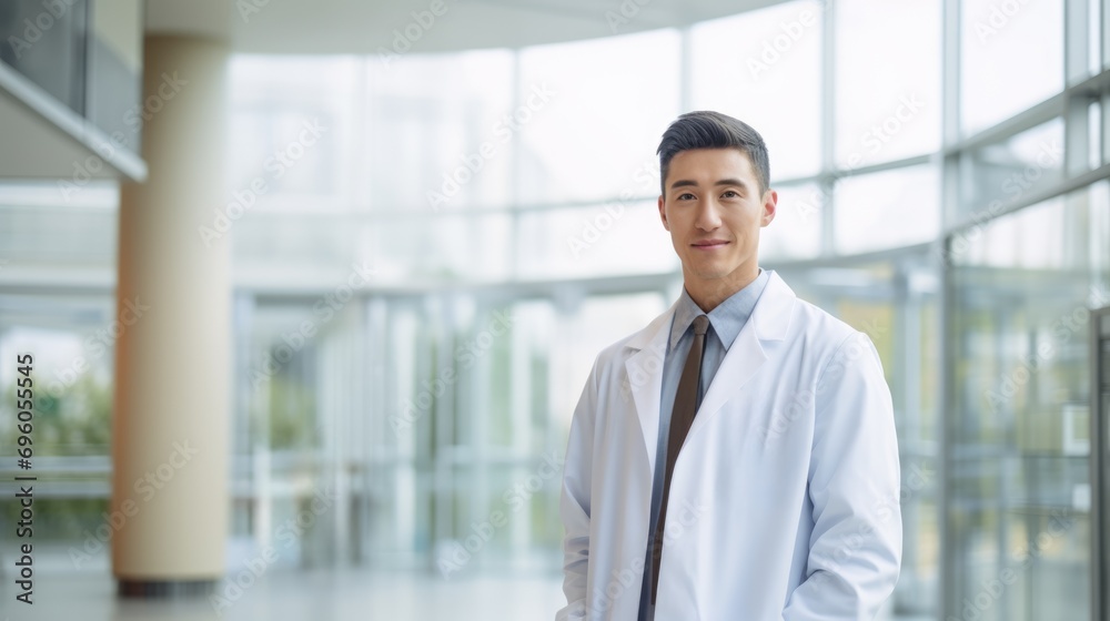 male doctor wearing labcoat standing and smiling male doctor wearing labcoat standing and smiling