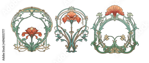 Selection of three art nouveau style floral design elements, decor, iris and orchids photo