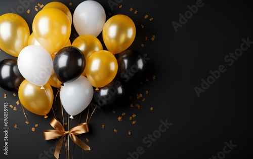 Bunch of yellow, black, and white balloons on black background with copy space.