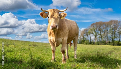 blonde d aquitaine bull in green grassy meadow with blue sky as background photo