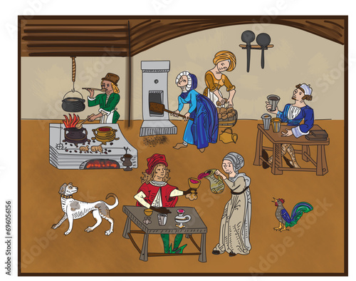 Illustration of a medieval European tavern, woodcut and illuminated manuscript style