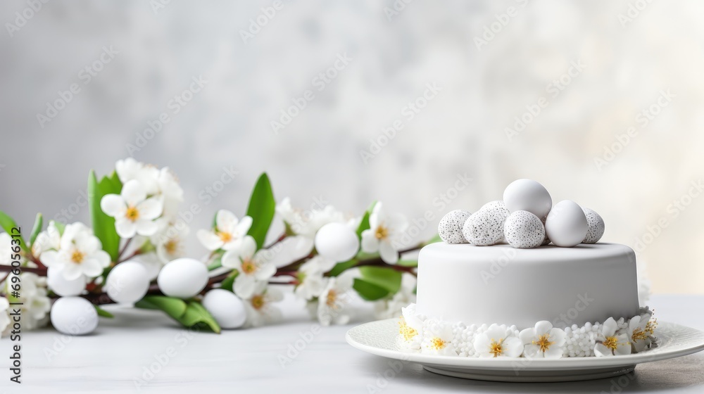Easter egg and cake on a gray table background, creating a happy Easter backdrop for the spring holiday.