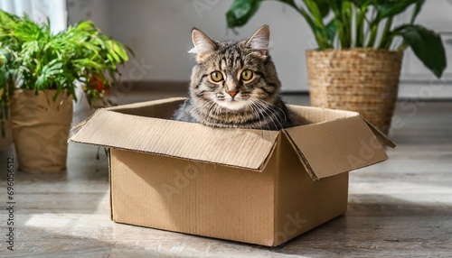 cute grey tabby cat in cardboard box on floor at home photo