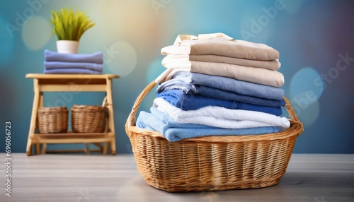 stack of clean clothes and wicker basket with clean laundry on background