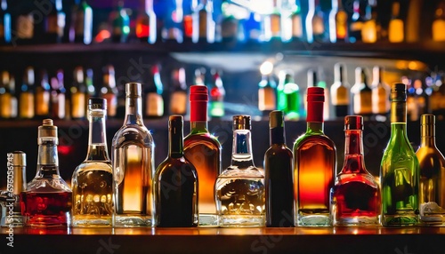 various alcohol bottles in a bar back light logos removed photo