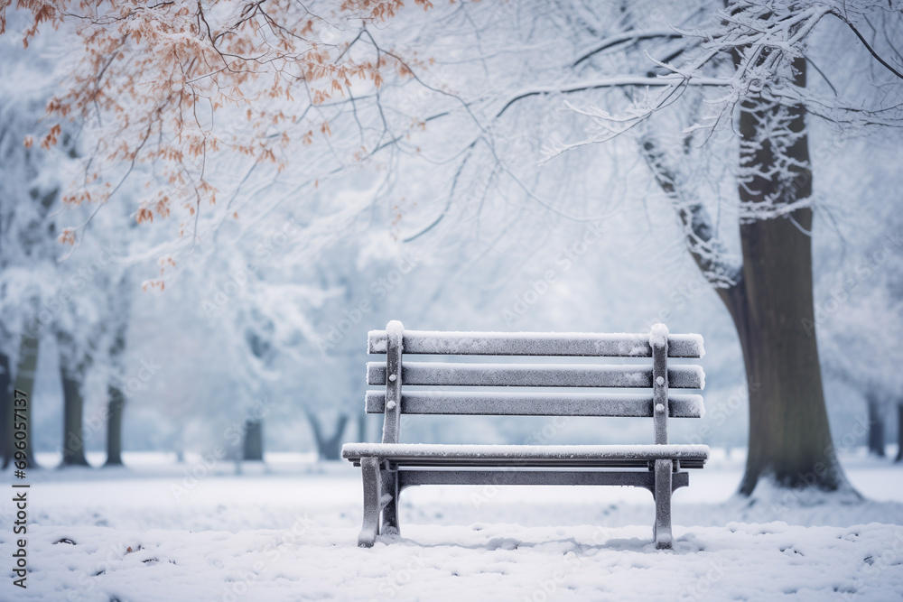 Empty park bench with frosted trees and snow-covered ground in a tranquil winter scene