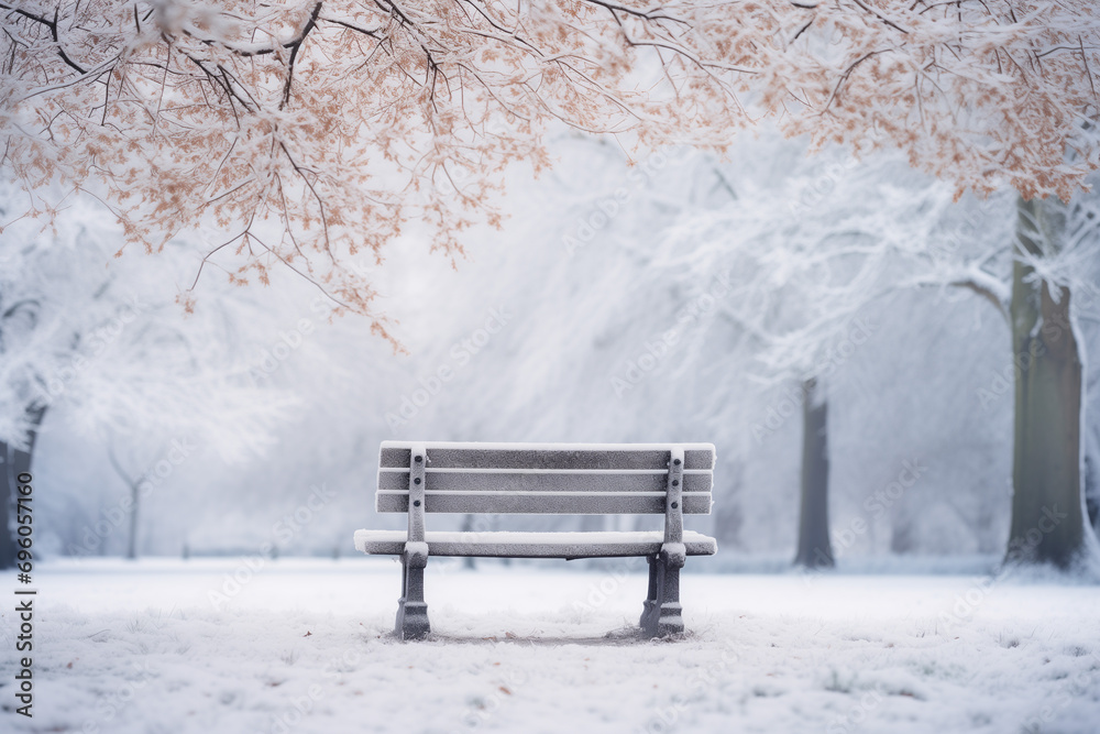Empty park bench with frosted trees and snow-covered ground in a tranquil winter scene