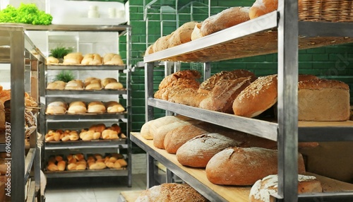 fresh bread on shelves in bakery