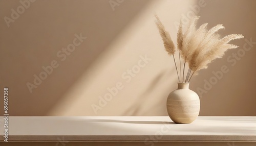 boho beige copy space background monochrome minimalist empty table with vase wall scene mockup product for showcase promotion background photo