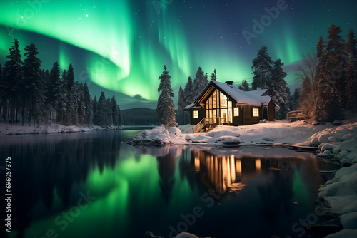 Idyllic winter cabin under aurora borealis reflection on serene snowy lakeside