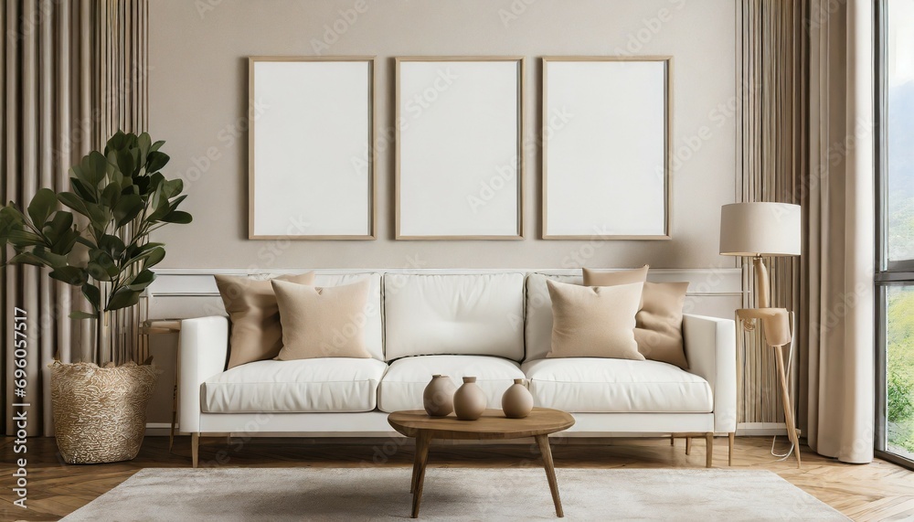 three empty vertical picture frames in a modern living room with white sofa and beige pillows wall art mockup - obrazy, fototapety, plakaty 