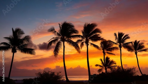 silhouette of palm trees at tropical sunrise or sunset