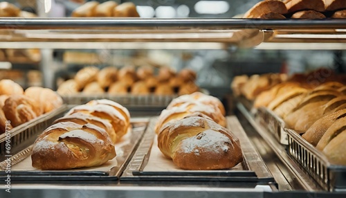 close up view of freshly baked bakery in hypermarket photo