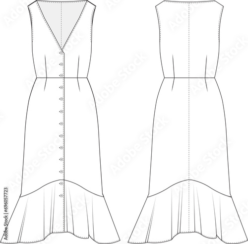 wide v-neck button-down ruffle midi long maxi dress template technical drawing flat sketch cad mockup fashion woman design style model