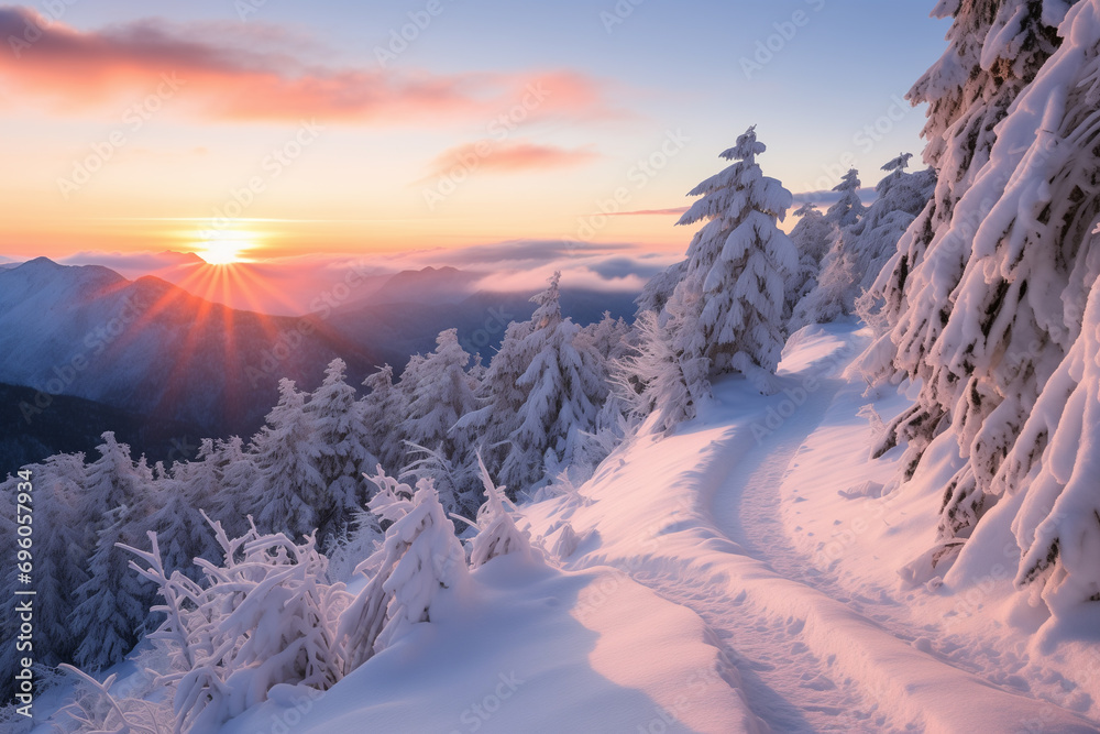 Sunrise over a snowy mountain landscape with pine trees and fresh snow trails