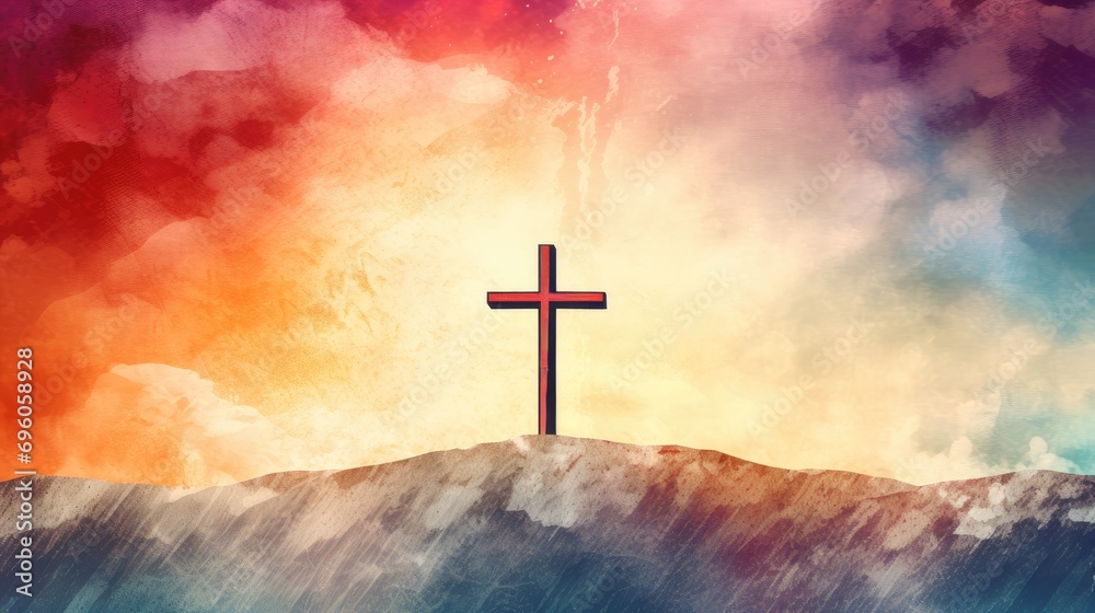 Obraz premium religious Easter background design featuring three white crosses on a watercolor sunrise in red orange and blue.