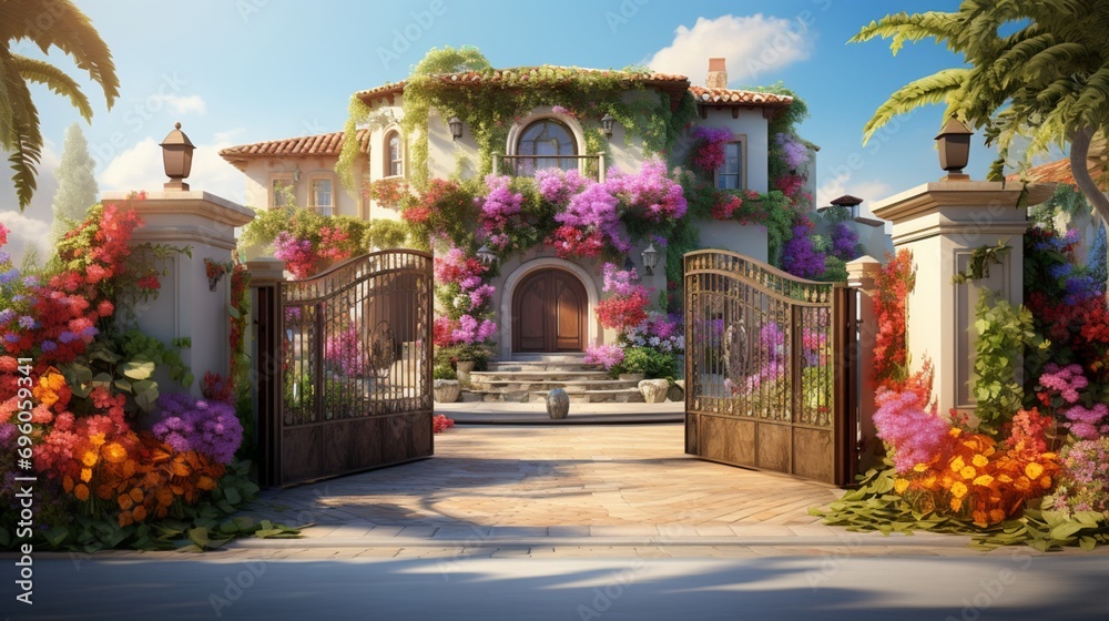 Imagine a visually stunning scene with a front garage gate displaying exquisite laser-cutting and carving, basking in the brilliance of the sun, and surrounded by vibrant flowers and cascading creeper