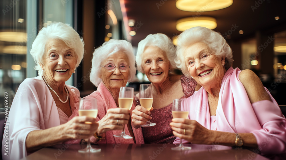 Some old friends women sitting and toasting with white wine. 