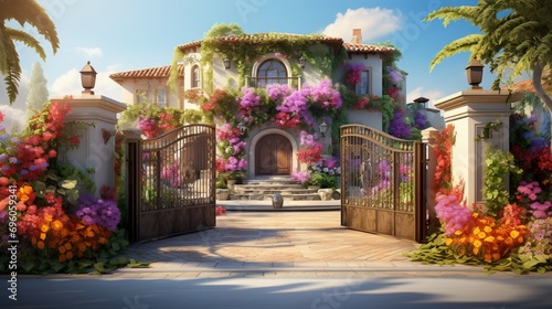 Imagine a visually stunning scene with a front garage gate displaying exquisite laser-cutting and carving  basking in the brilliance of the sun  and surrounded by vibrant flowers and cascading creeper