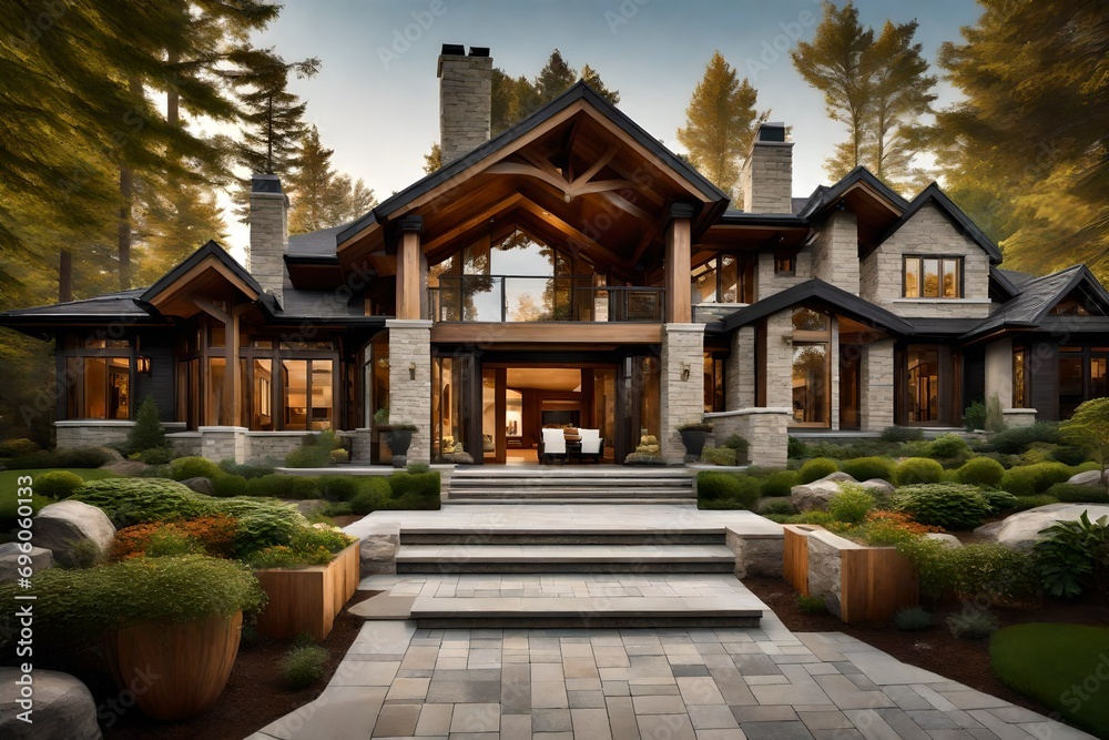 A sophisticated suburban house with a blend of stone and wood elements, surrounded by lush trees and a serene outdoor environment.