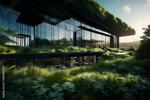 A state-of-the-art office building with an eco-friendly green roof, blending seamlessly with the surrounding nature and promoting sustainability.